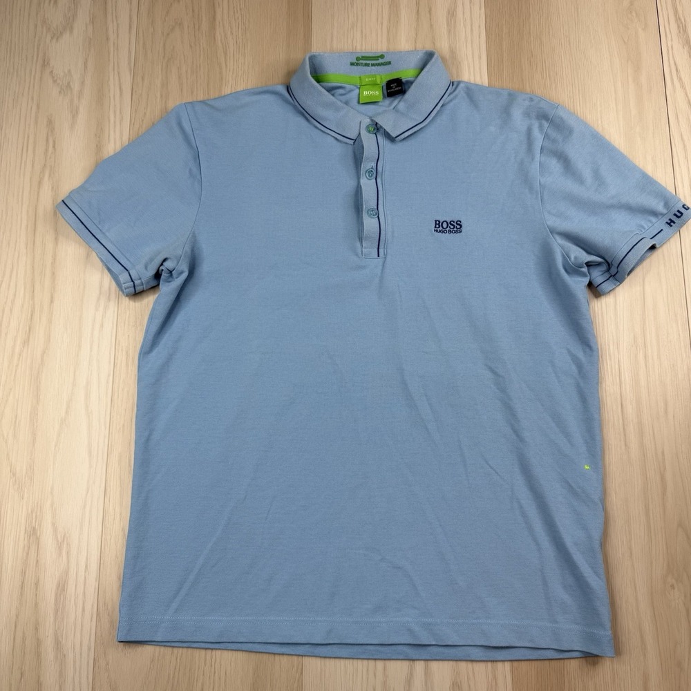 BOSS Hugo Boss Light Blue Polo Shirt Short Sleeve Size Large Slim Sleeve Accent